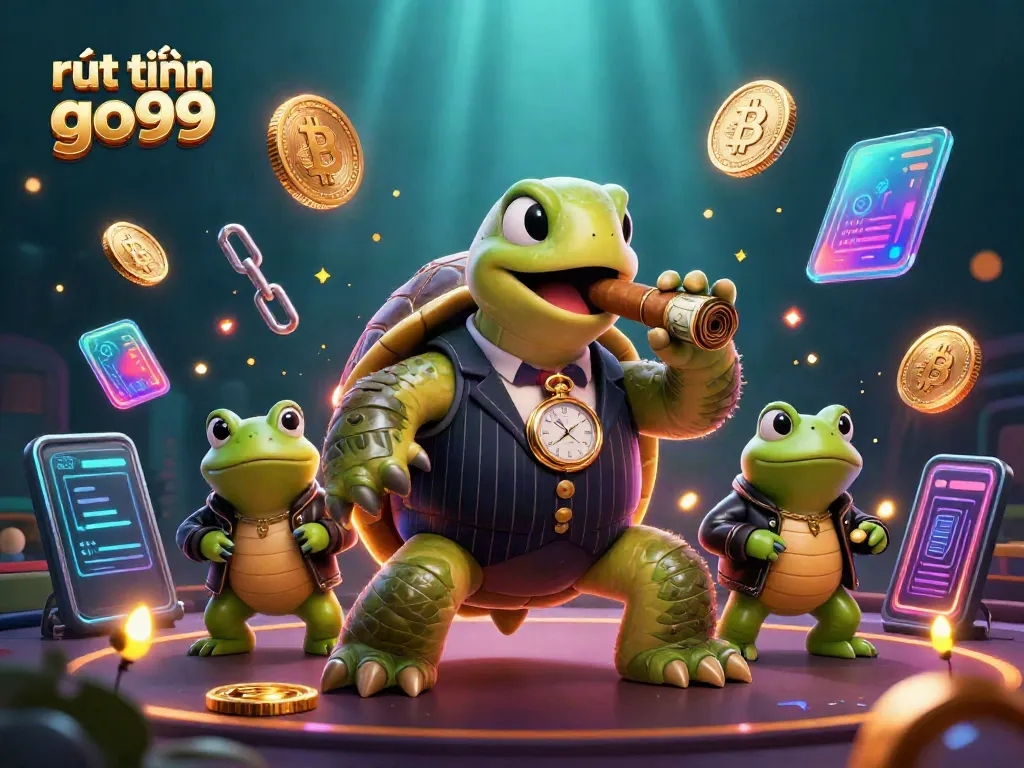 Engage in rút tiền go99 with a dynamic 3D casino scene featuring vivid cartoon characters and crypto elements.