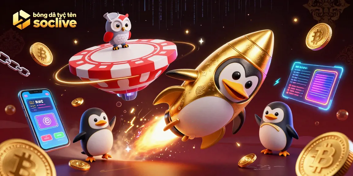 bóng đá trực tuyến socolive features an exciting casino space scene with a golden penguin, Bitcoin coins, and gaming elements.