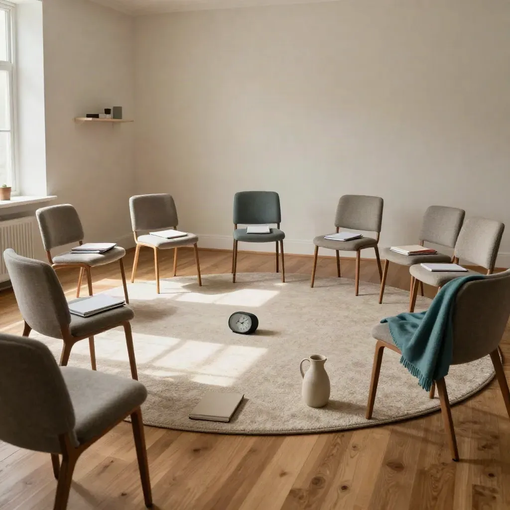 Seven low chairs around a rug in a quiet mentorship room, with notebooks, a timer and soft daylight.