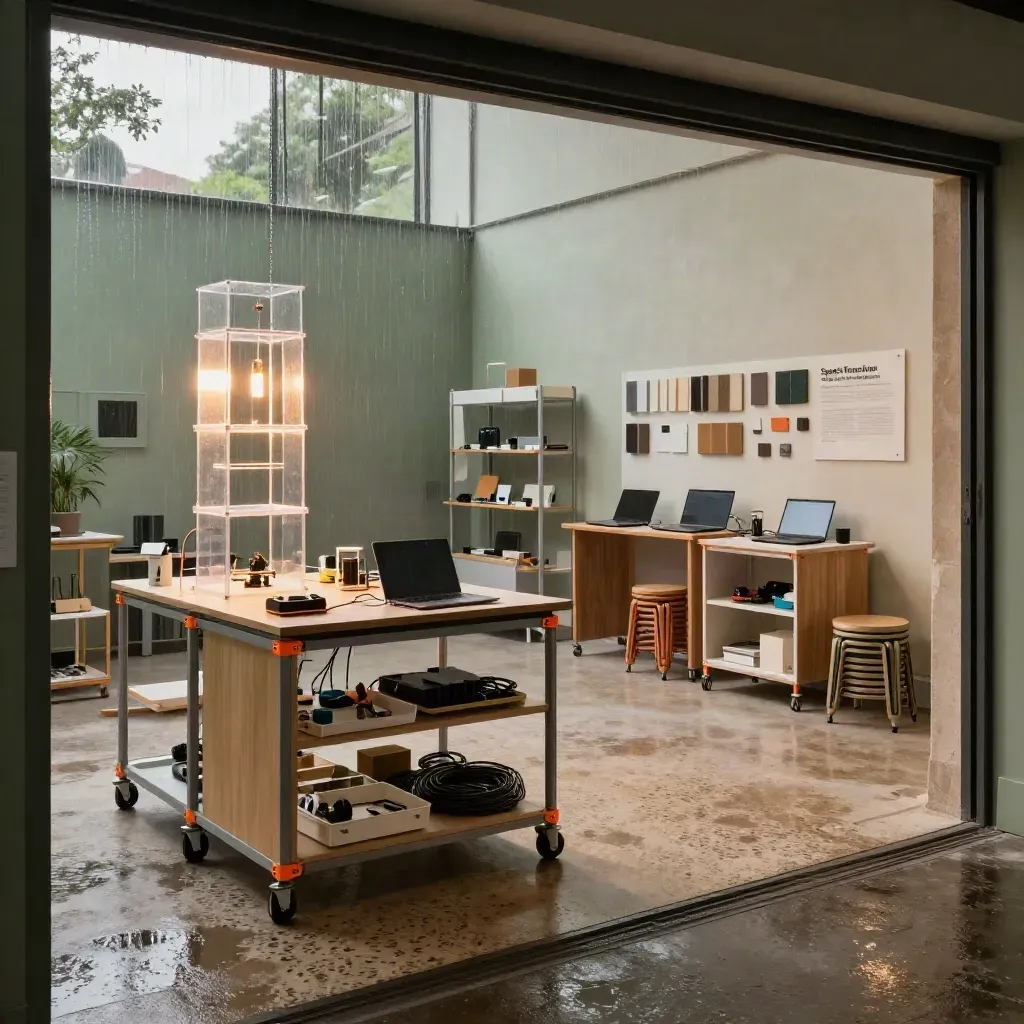 Rain-lit innovation hub with workshop carts, prototype models, and maker kits by a plaster wall.