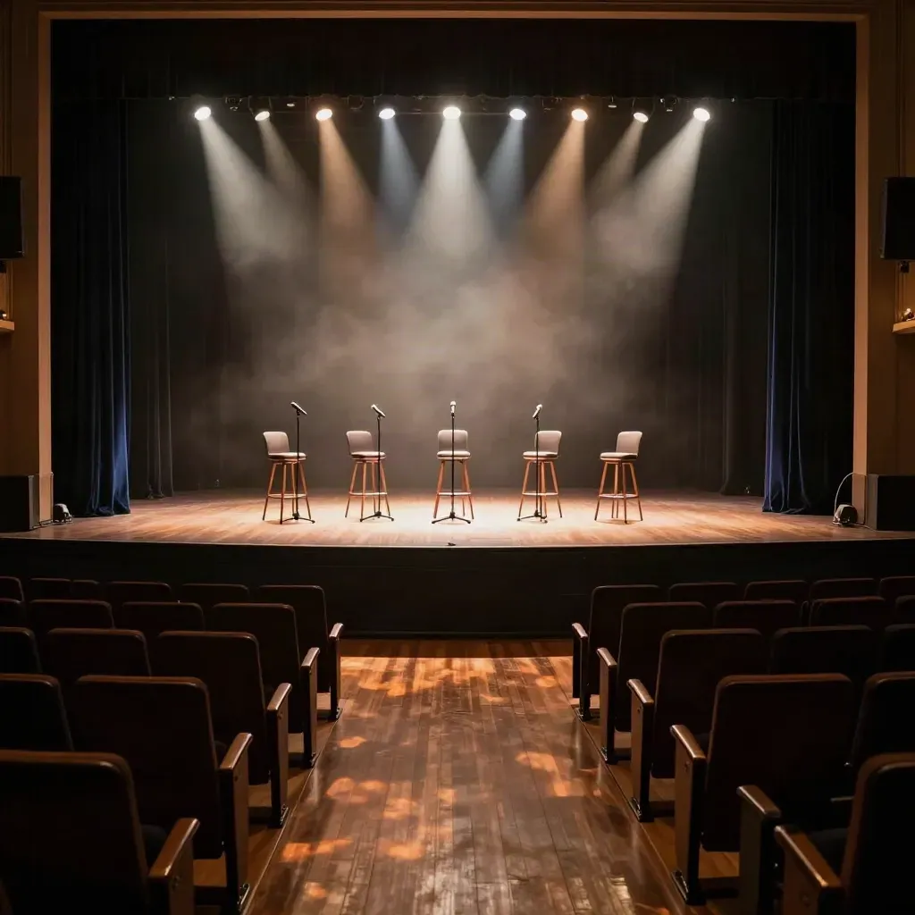 Empty community hall stage with five mic stands, five lit stools, and warm spotlights in haze.