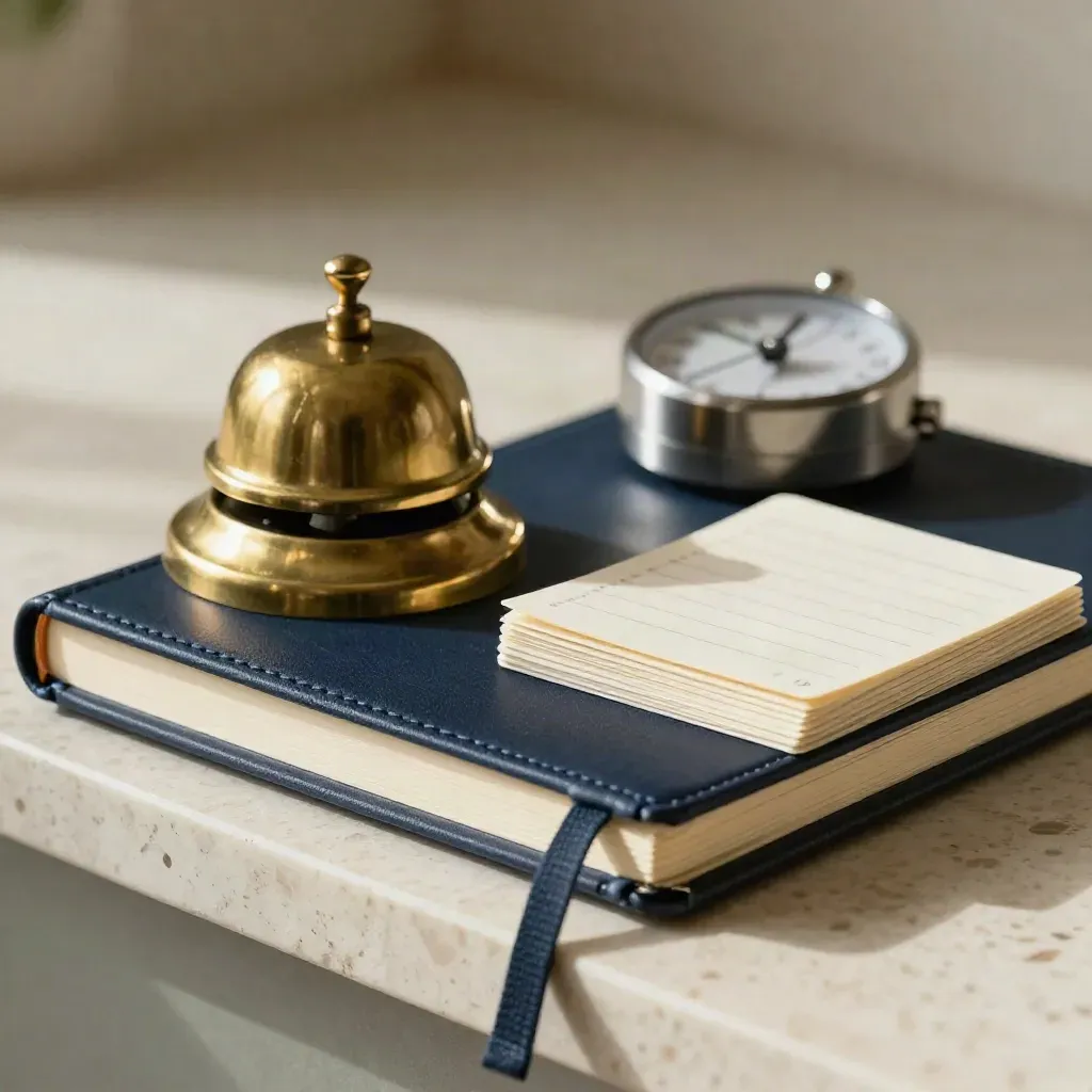 Macro still life of a navy notebook, brass bell, planning cards, and timer on travertine.