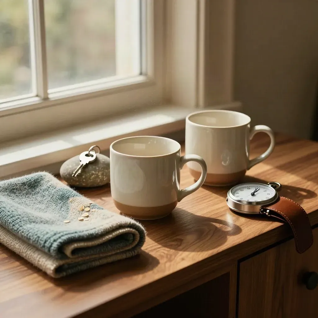 Ceramic cups, woven throw, river stone and pocket timer on a walnut credenza in soft window haze.