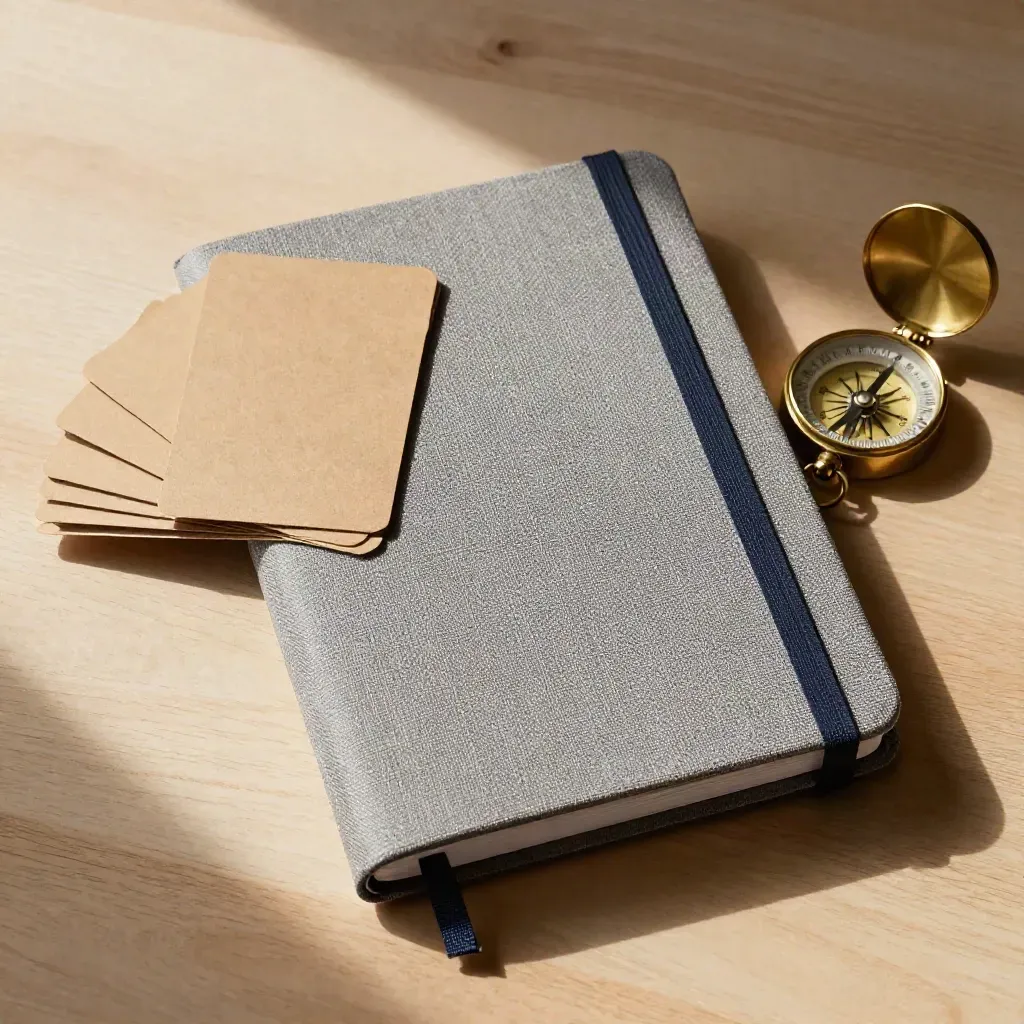 Overhead still life of a notebook, kraft cards, and brass compass on pale wood.