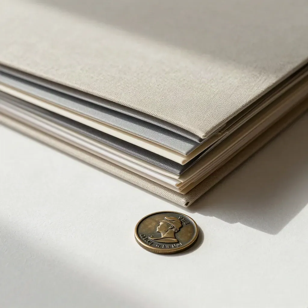 Closed folder, feedback tabs, and bronze token on a soft plaster surface.