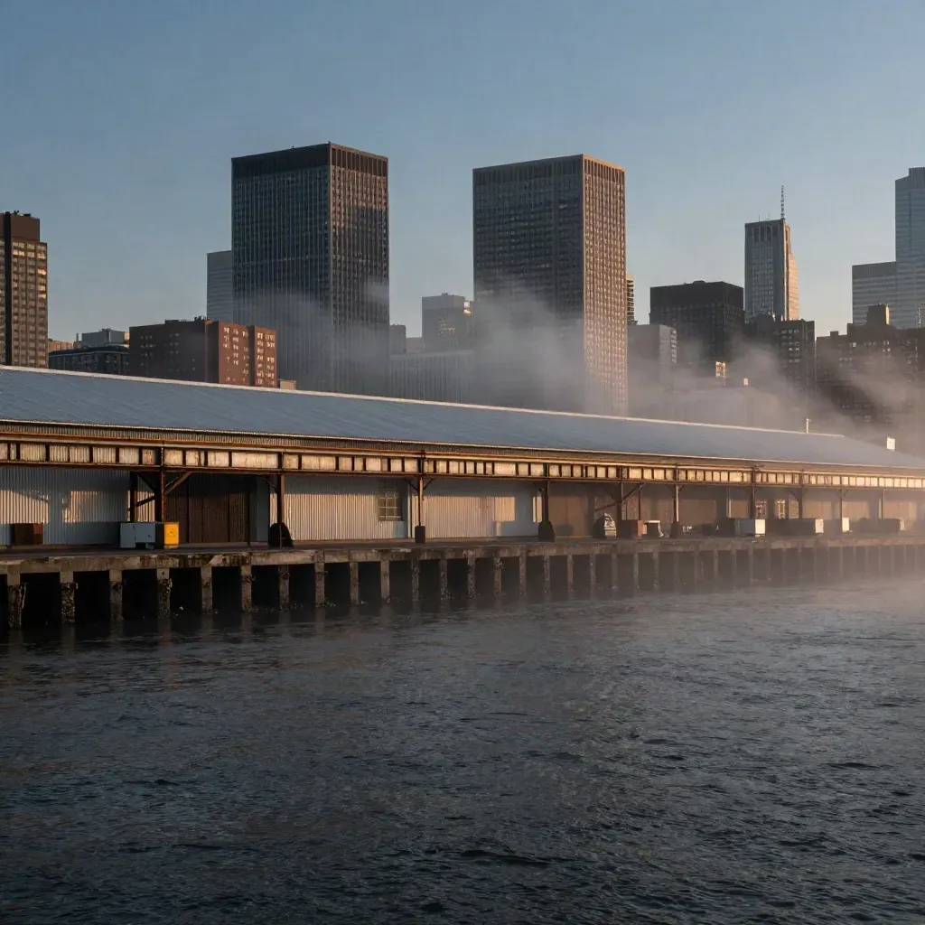 Jersey City skyline above misty industrial waterfront at blue hour