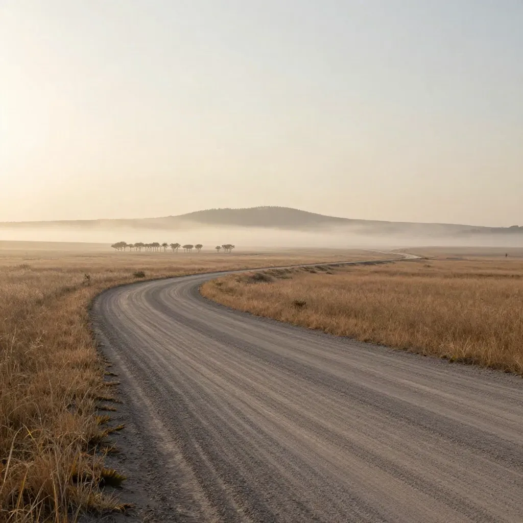 Dawn mist over a high-plains dirt road with distant windbreak trees and open sky