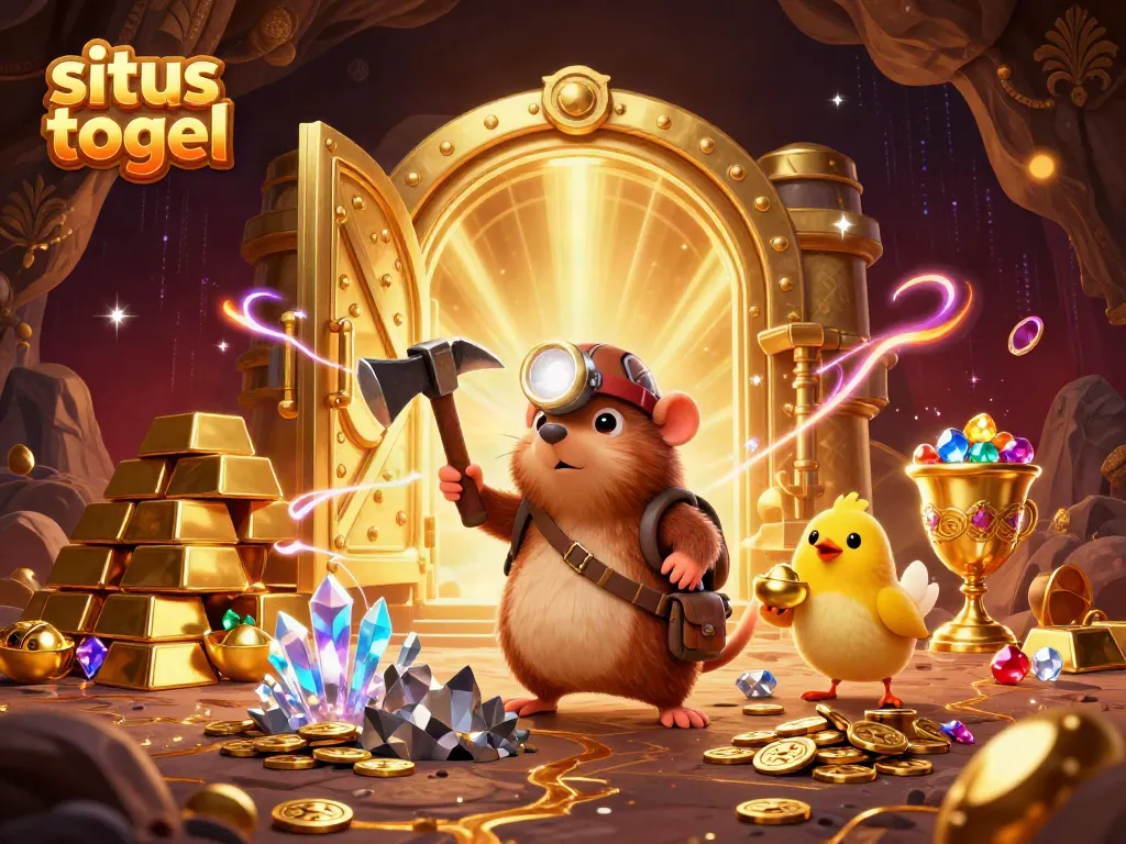 Situs togel featuring a treasure hunter mole mining gems in a dazzling cave atmosphere