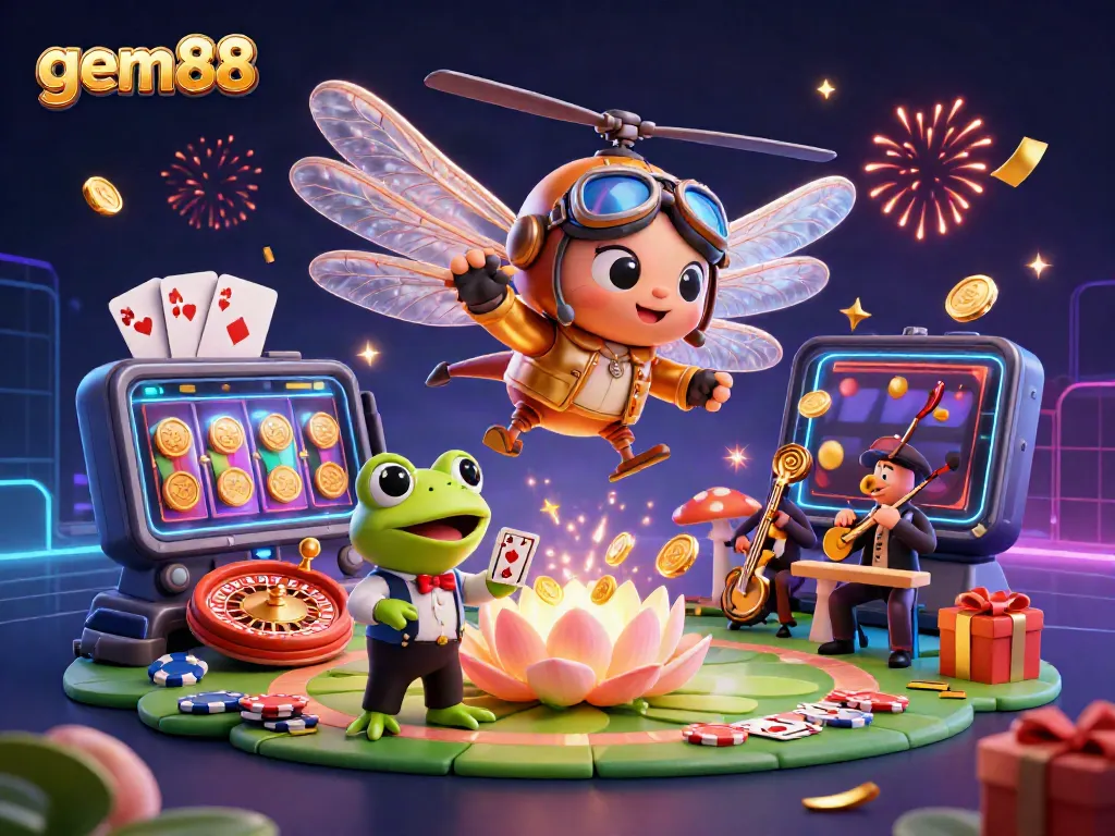 Experience the excitement at gem88 with a vibrant 3D casino scene featuring a dragonfly pilot and a frog dealer.