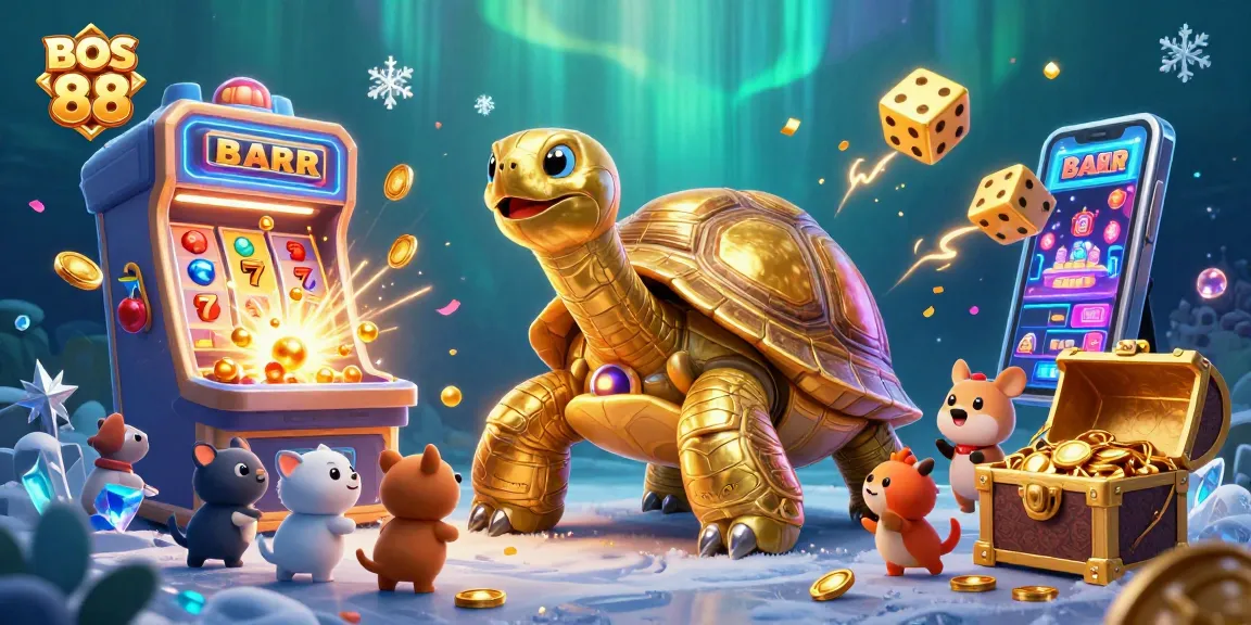 Bermain slot online di BOS 88 dengan slot mesin raksasa yang memancarkan koin keberuntungan dan simbol keberuntungan.