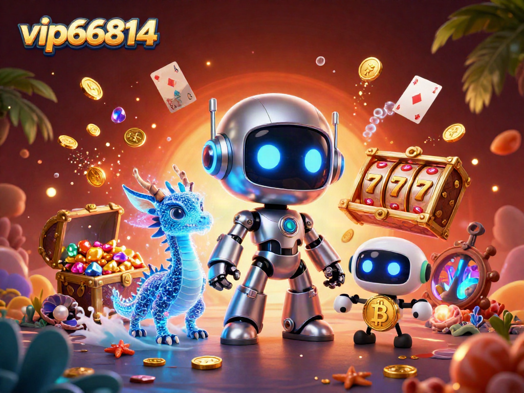 Engage with vip66814's thrilling online casino environment filled with colorful treasures and gaming symbols.