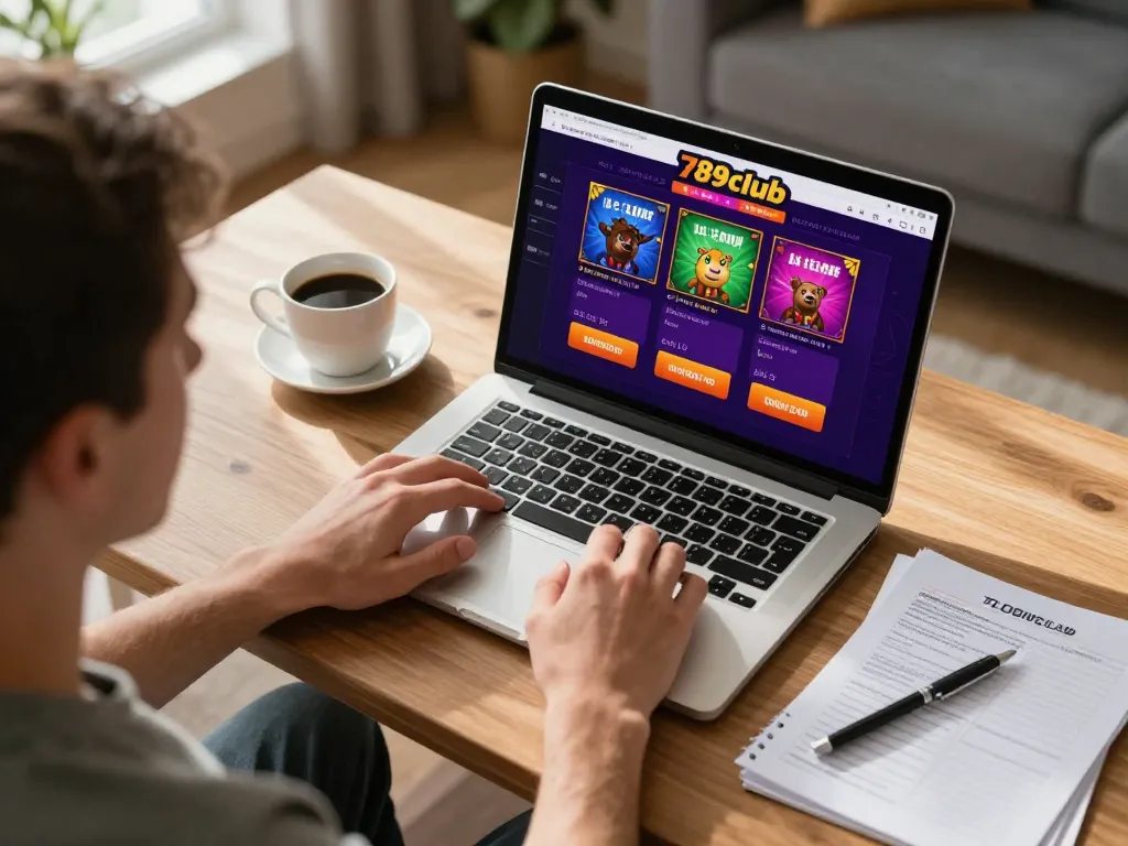 Player enjoying online games at 789club on laptop with strategy notes, cozy ambiance