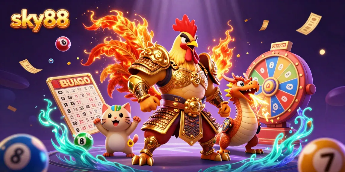Engage in dynamic gaming at sky88 with vibrant casino-themed characters and elements in a colorful scene.