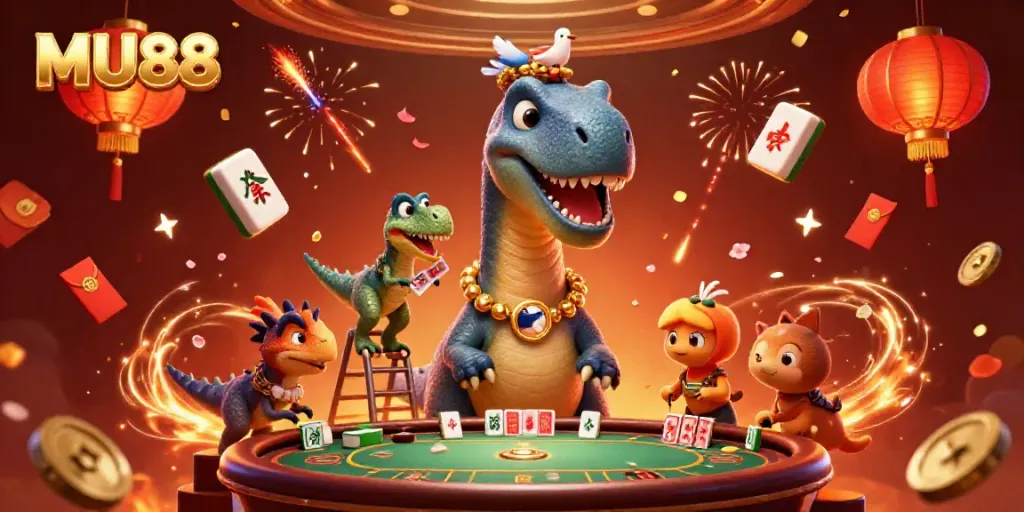 Experience the thrill of MU88 as a dinosaur awaits a poker hand in this vibrant digital casino scene.