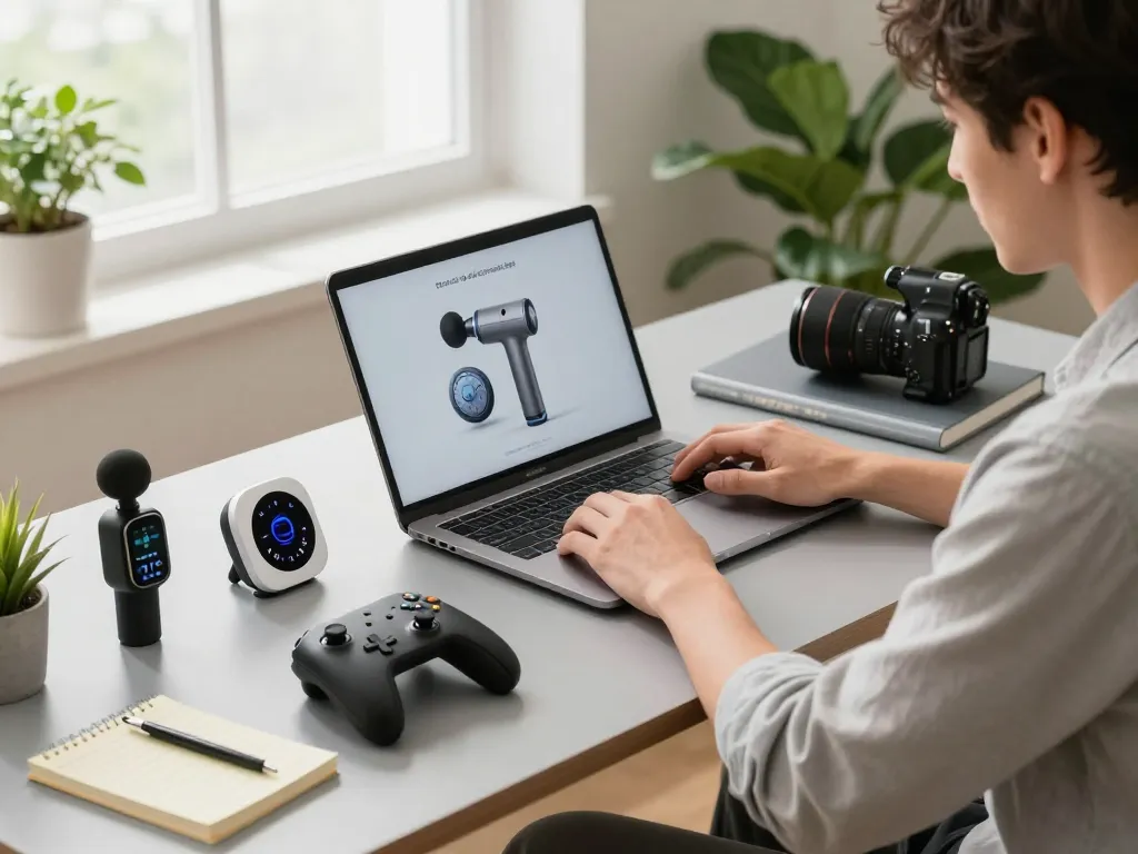Explore top 10 tech gadgets 2088 in a modern workspace filled with innovative Bluetooth devices and gadgets.