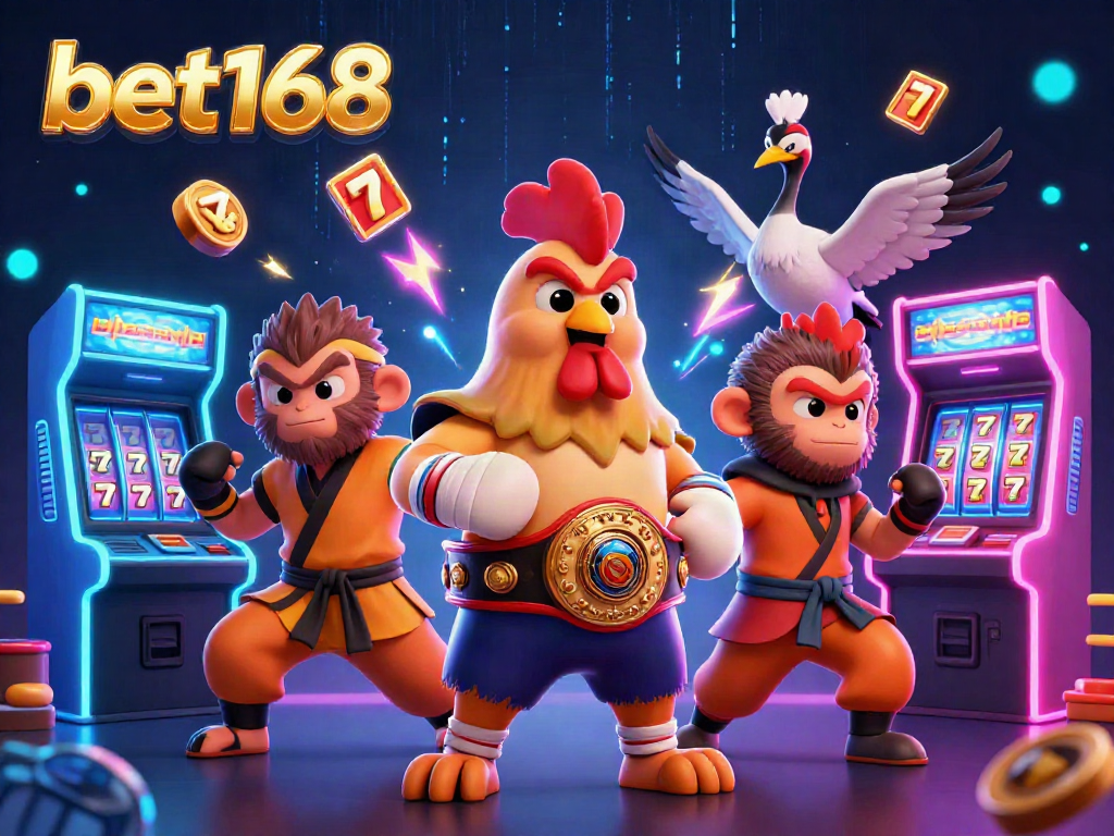 Engage with the thrilling gaming world at bet168 featuring a Muay Thai rooster, monkey fighter, and wise crane amidst vibrant casino elements.