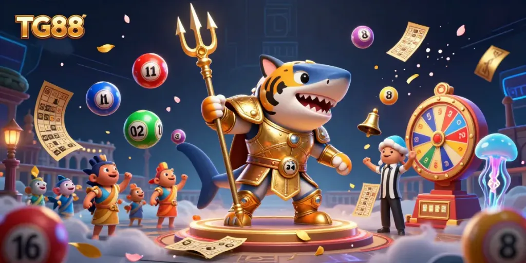 Experience the dynamic world of TG88 with an underwater colosseum featuring a fierce tiger shark and colorful lottery elements.