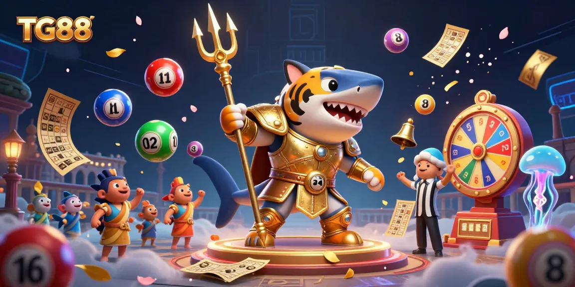 Experience the dynamic world of TG88 with an underwater colosseum featuring a fierce tiger shark and colorful lottery elements.