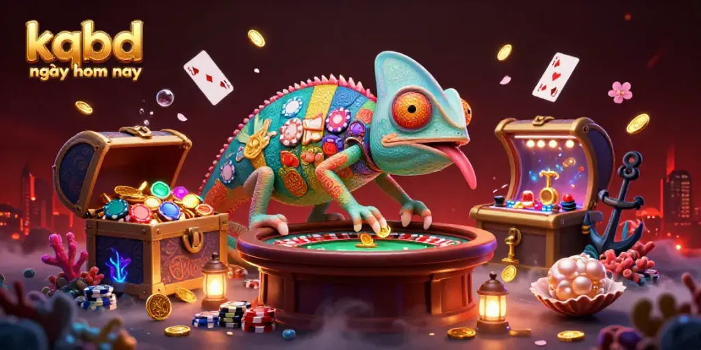 Experience the thrill of kqbd ngày hôm nay with a vibrant chameleon casino owner amid dazzling treasure and games.