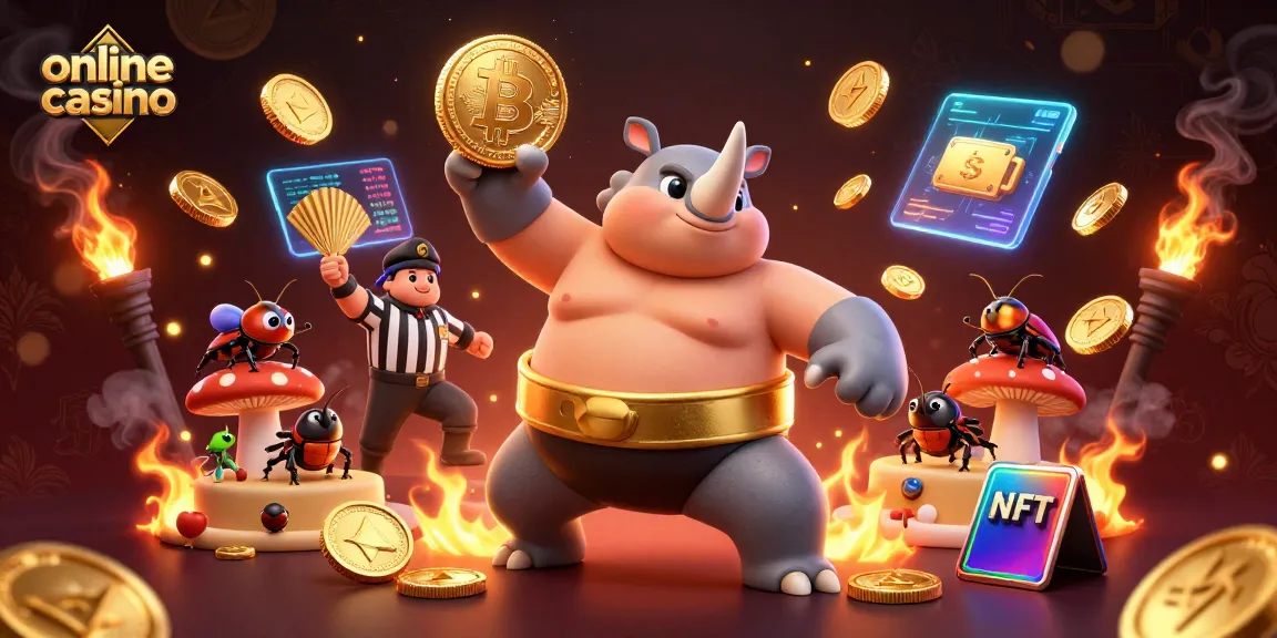 Experience the excitement of an online casino with animated beetles and cryptocurrency elements.
