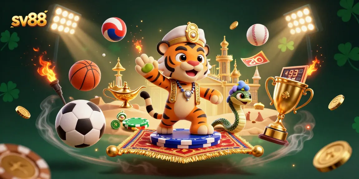 sv88 sports-themed casino illustration with a tiger sultan and vibrant gaming elements.