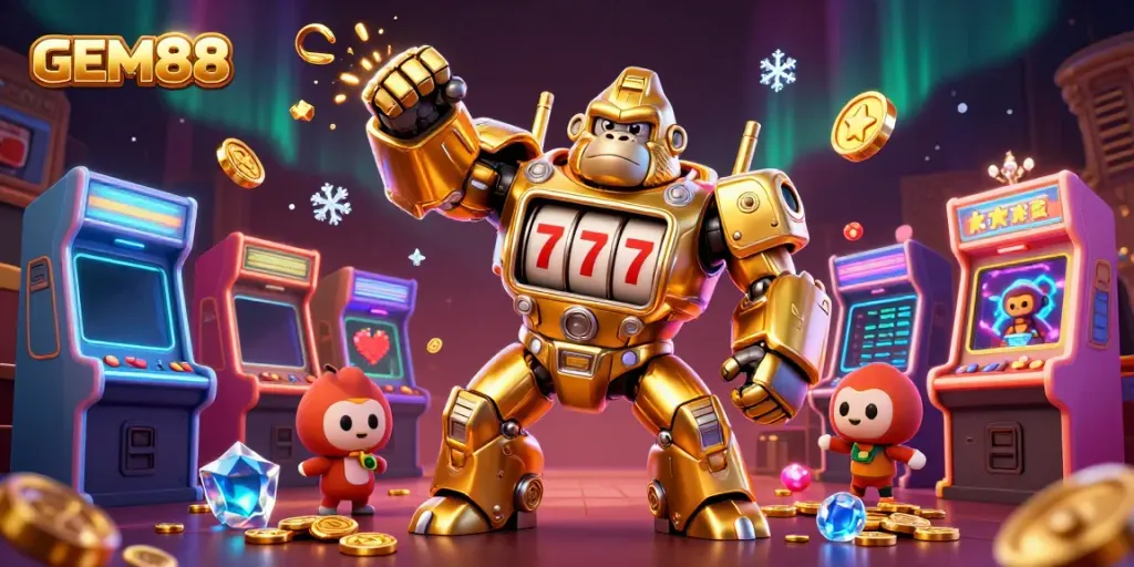 Engage with GEM88’s exciting 3D casino world featuring golden mech action and vibrant gaming elements.