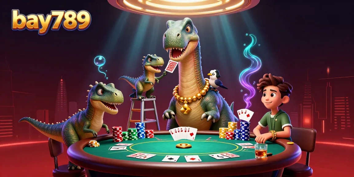 Experience the vibrant bay789 casino scene with a brontosaurus and raptor engaging in card games.