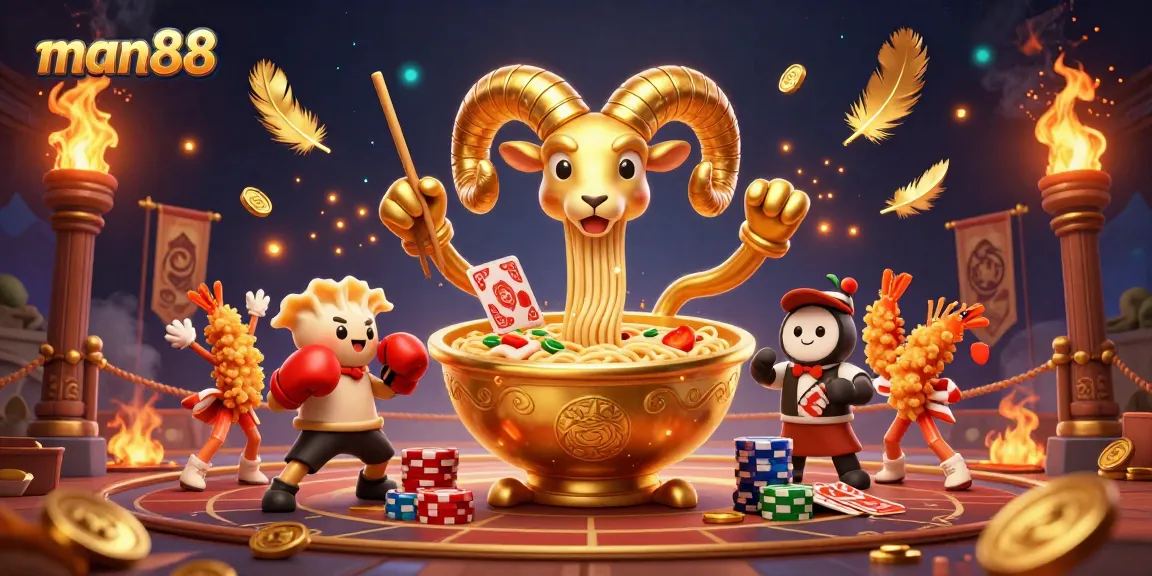 Experience thrilling gaming action with man88 featuring a giant ramen bowl dealer and vibrant casino elements.