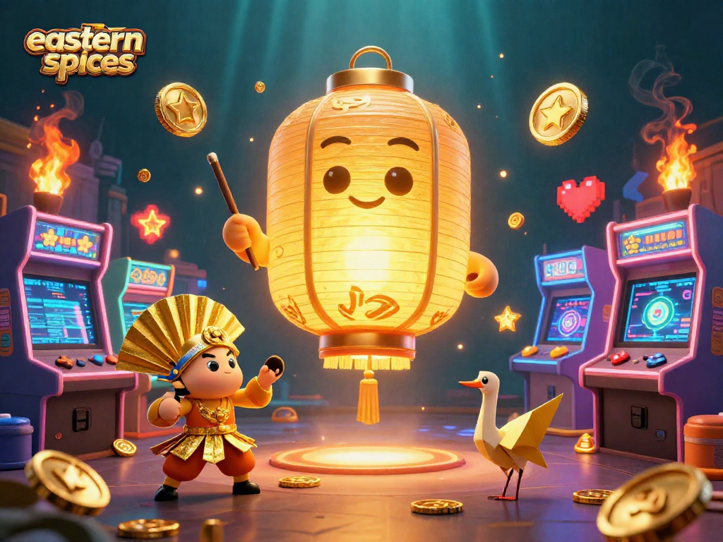 Experience exciting gameplay with easternspices, featuring colorful arcade elements, golden lanterns, and dynamic game scenes.