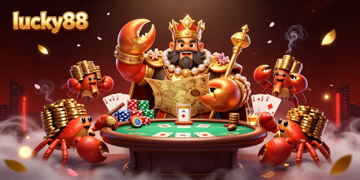Engage in thrilling poker action with lucky88 at a vibrant casino scene featuring a golden crab emperor.