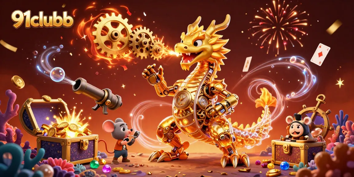 Experience thrilling gameplay with 91clubb, featuring a golden dragon, treasure chests, and sparkling gems.