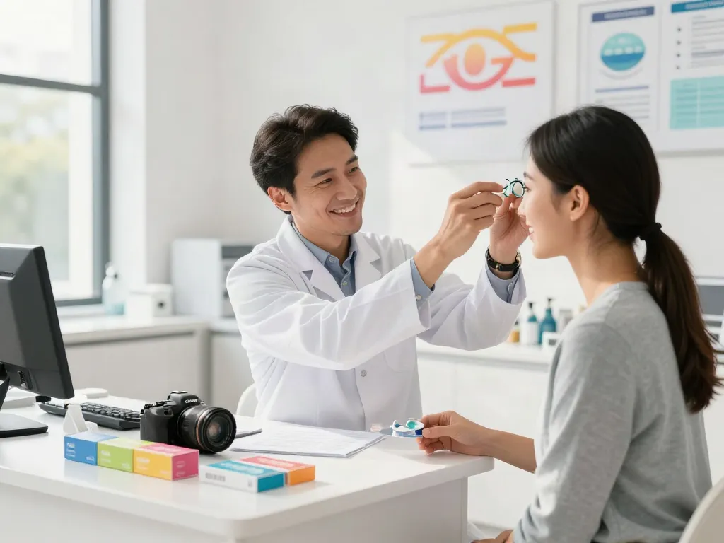 Patient learning about lentes de contato com grau in an optometry office with natural light.