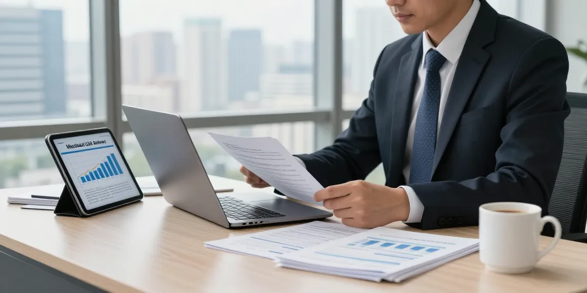 Business professional reviewing documents for same day merchant cash advance in modern office.