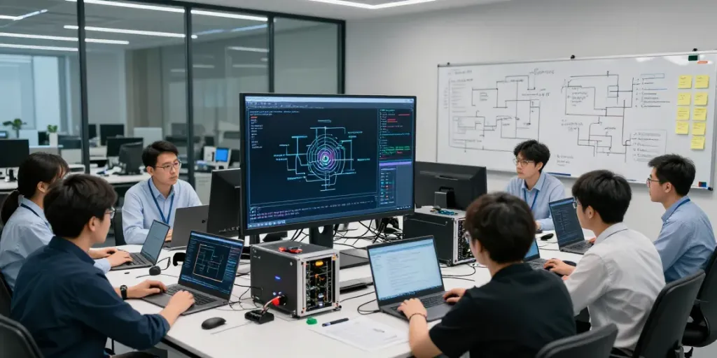 Collaborative team analyzing Enterprise AI models in a high-tech lab setting.