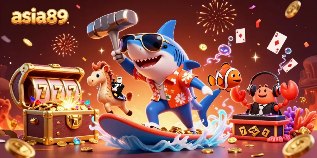 Engage with thrilling casino adventures at asia89 featuring a cartoon shark, gold coins, slot reels, and playful fish.