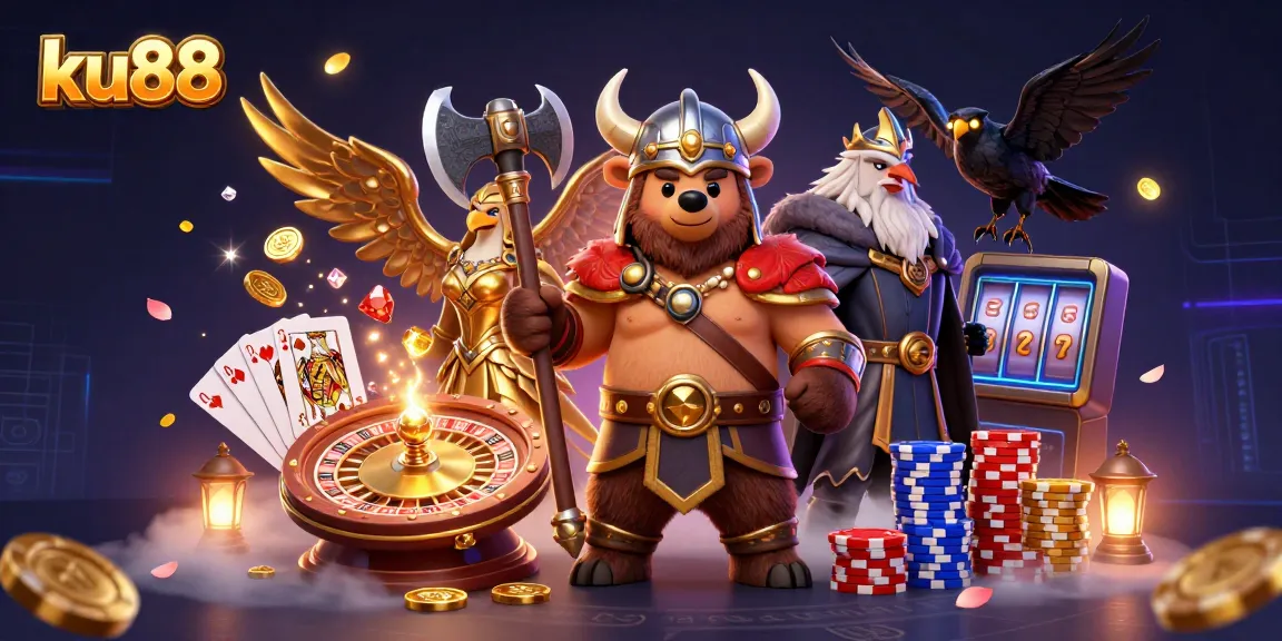 ku88 Viking bear and Valkyrie eagle celebrating around cascading winnings in a mystical casino