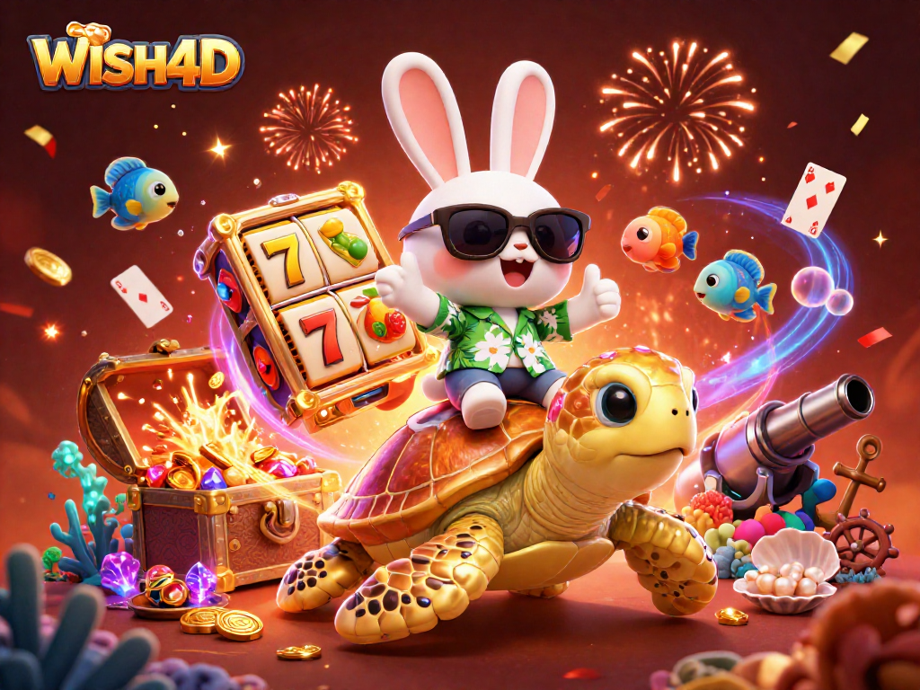 WISH4D brings excitement with a lucky rabbit and golden sea turtle in a vibrant casino-themed ocean scene.