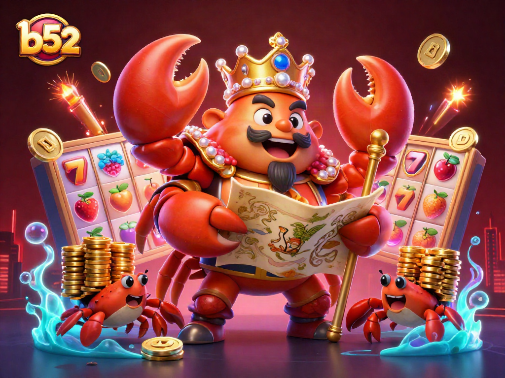 Engage with b52 casino games, featuring a golden crab emperor surrounded by vibrant slot reels and dynamic gold elements.