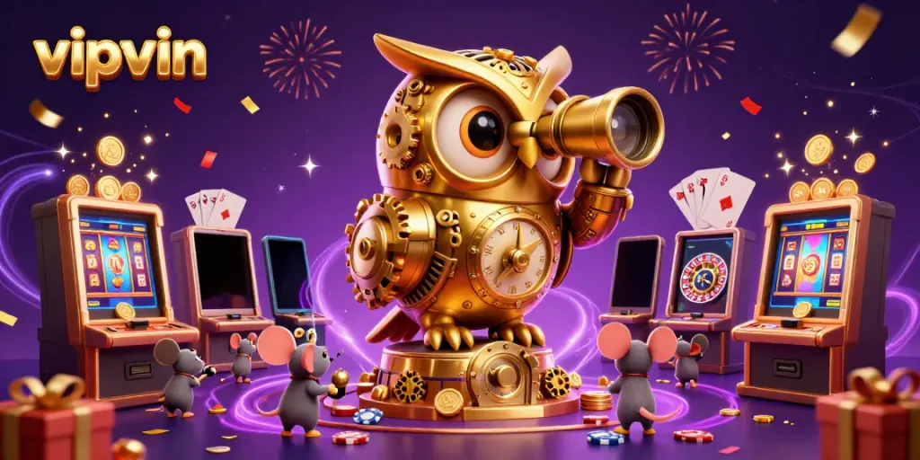 Experience the excitement of vipvin with a golden owl overseeing a bustling casino scene filled with vibrant characters and gaming elements.