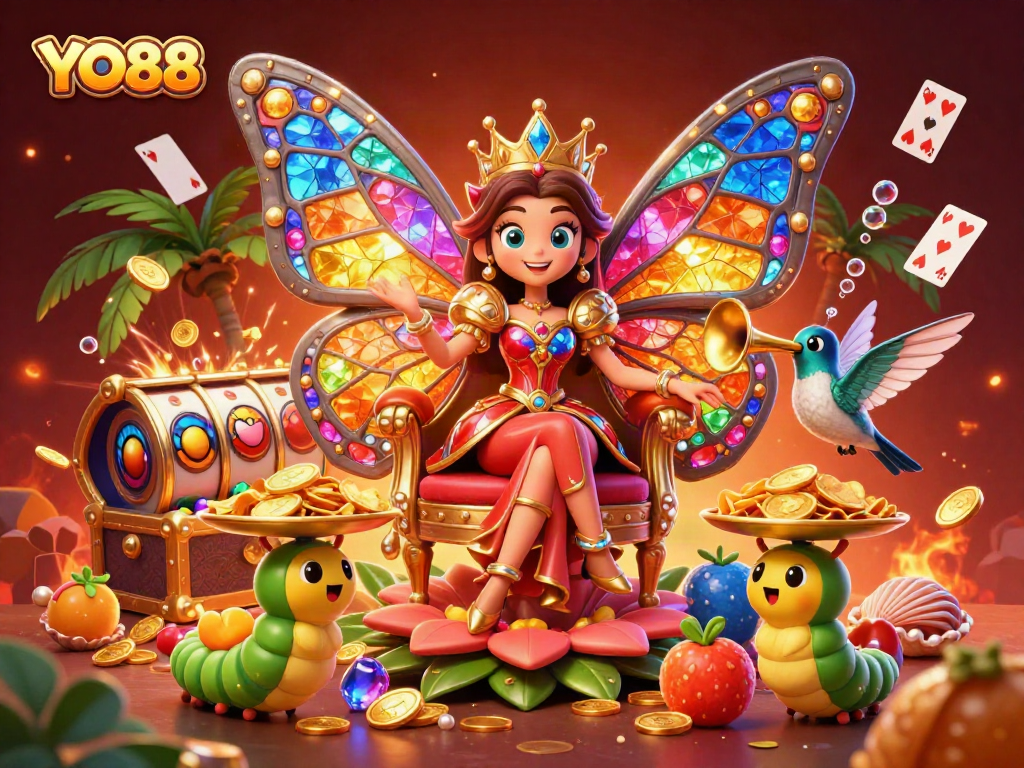 Spin fruit symbols and win with YO88 in a vibrant 3D casino illustration scene.