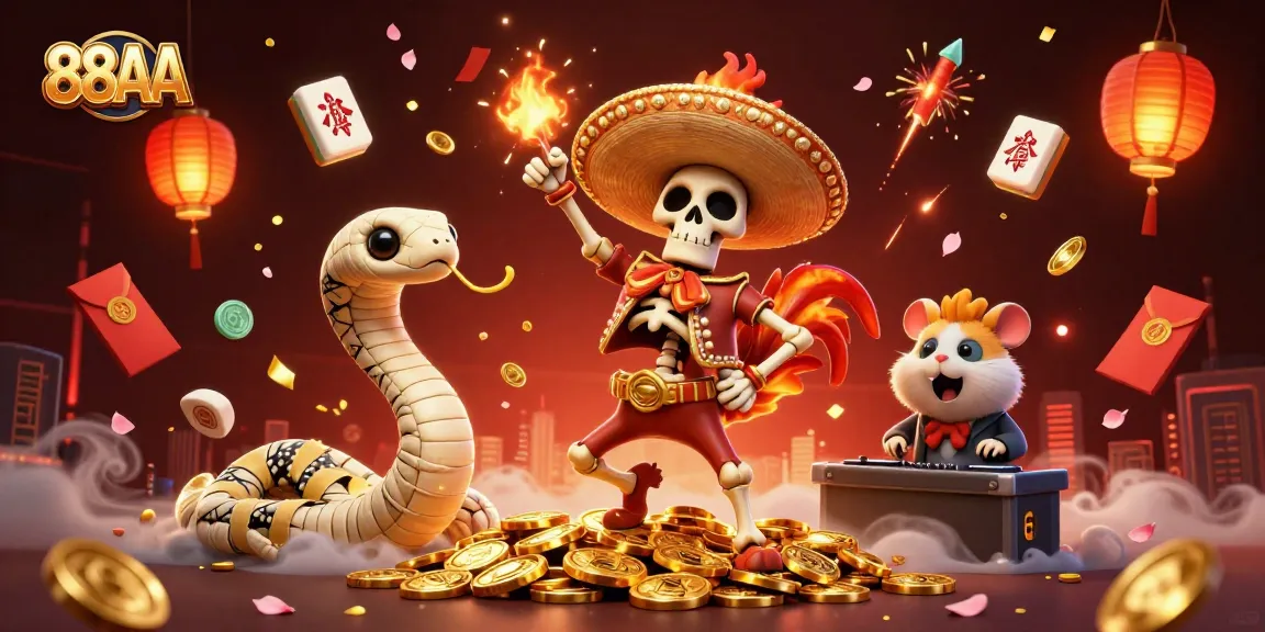 88AA's vibrant, engaging digital illustration showcases a dynamic casino scene filled with golden coins and festive characters.