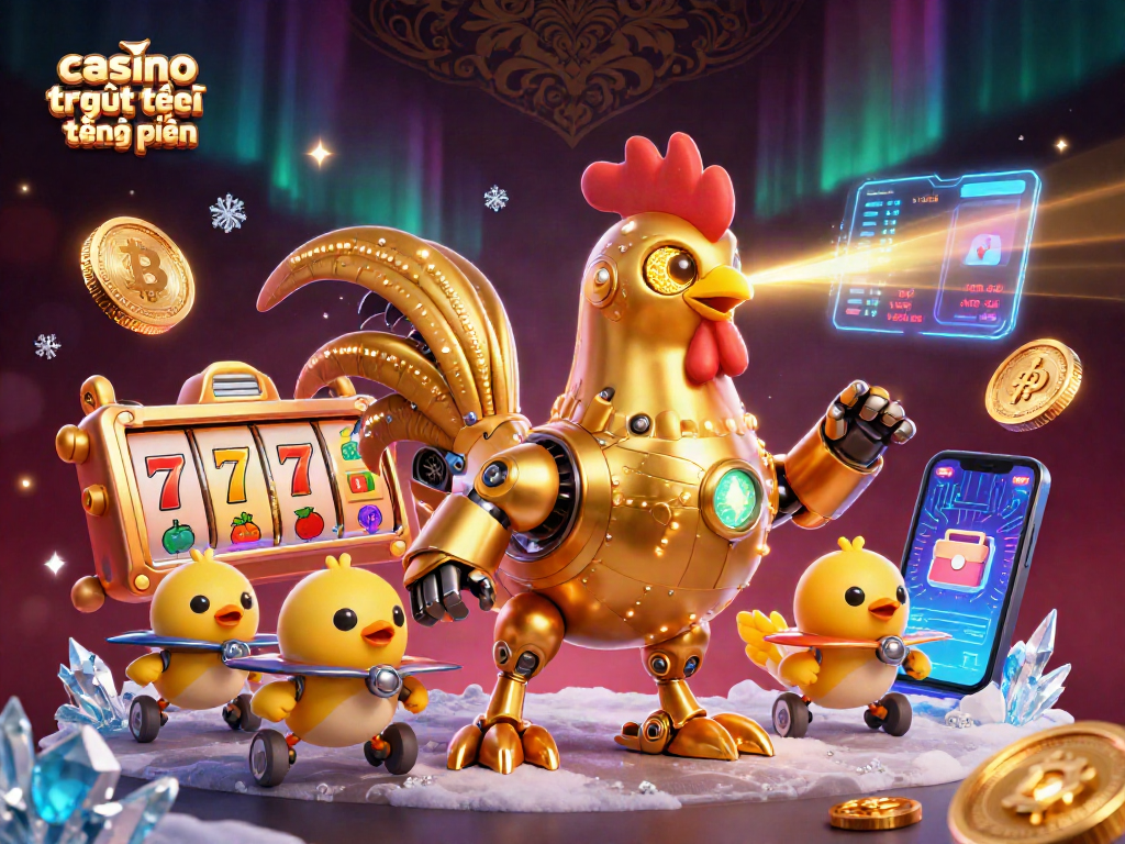 Casino trực tuyến tặng tiền: Robot gà vàng với các biểu tượng slot hấp dẫn, nạp tiền thưởng miễn phí.