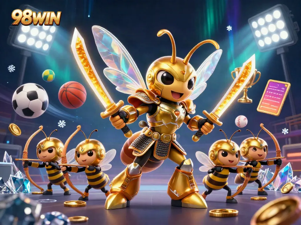 Engage with 98WIN's dynamic sports betting scene featuring a gigantic hornet samurai amid energetic gameplay.