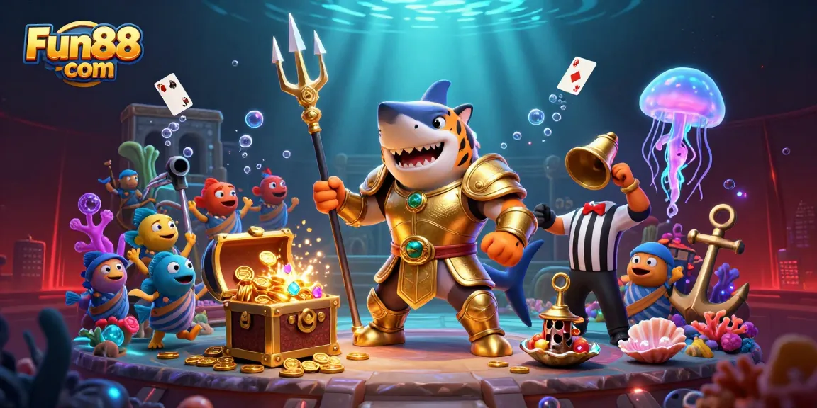 Experience thrilling fun at Fun88 com with a 3D illustration of a tiger shark in a dynamic underwater casino scene.
