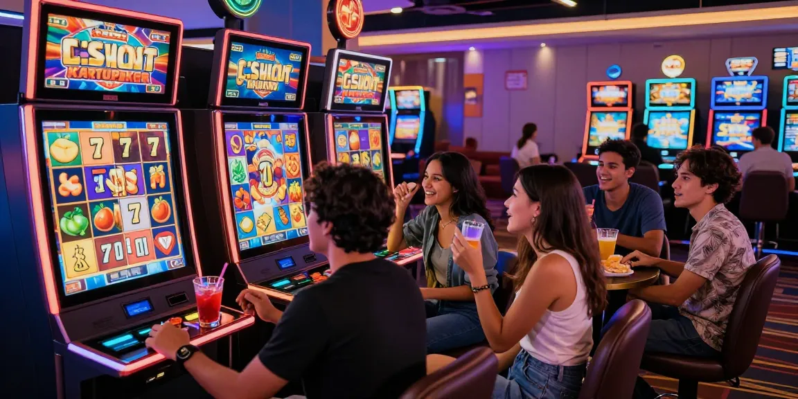 Exciting friends enjoying Link Slot Gacor Kartupoker around modern slot machine in lively casino.