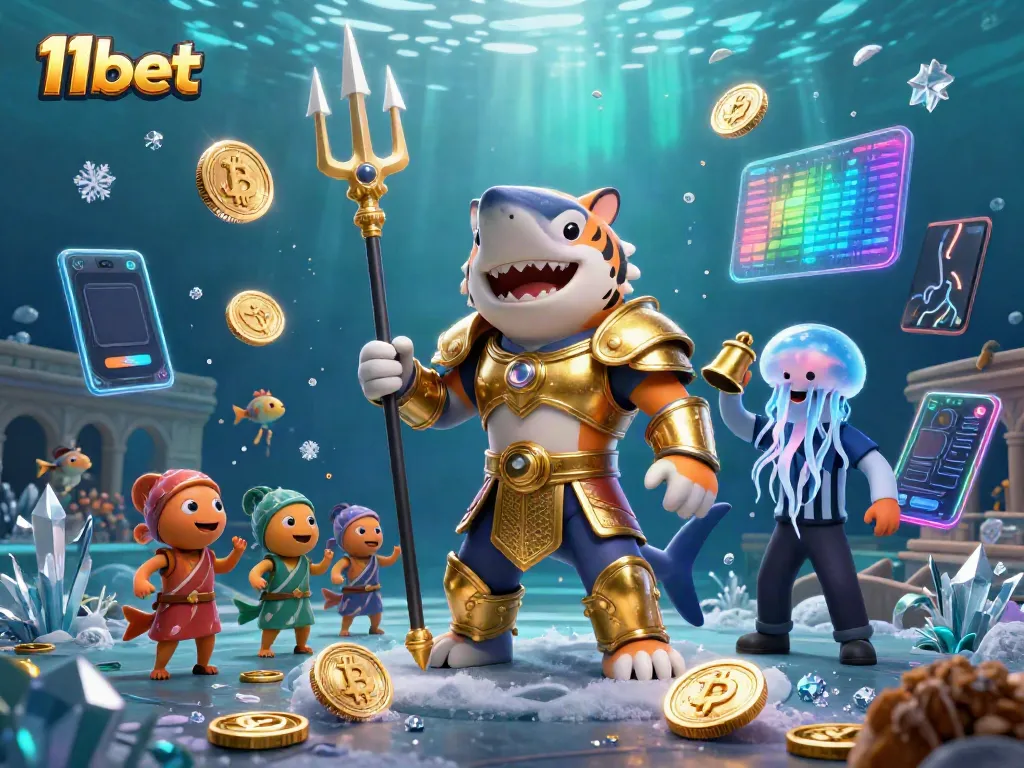 Experience the ultimate excitement at 11bet with a 3D tiger shark gladiator amid an underwater casino.