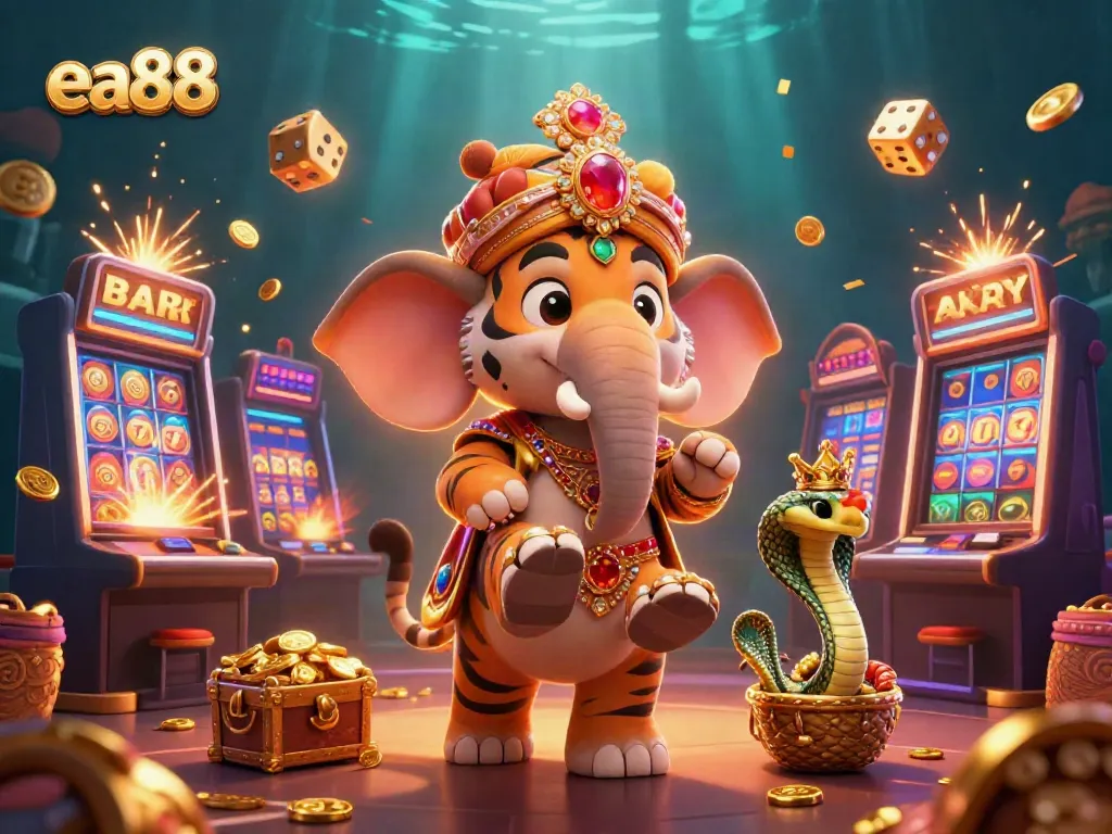 Experience excitement with ea88's vibrant casino scene featuring a maharaja tiger and jackpot symbols.
