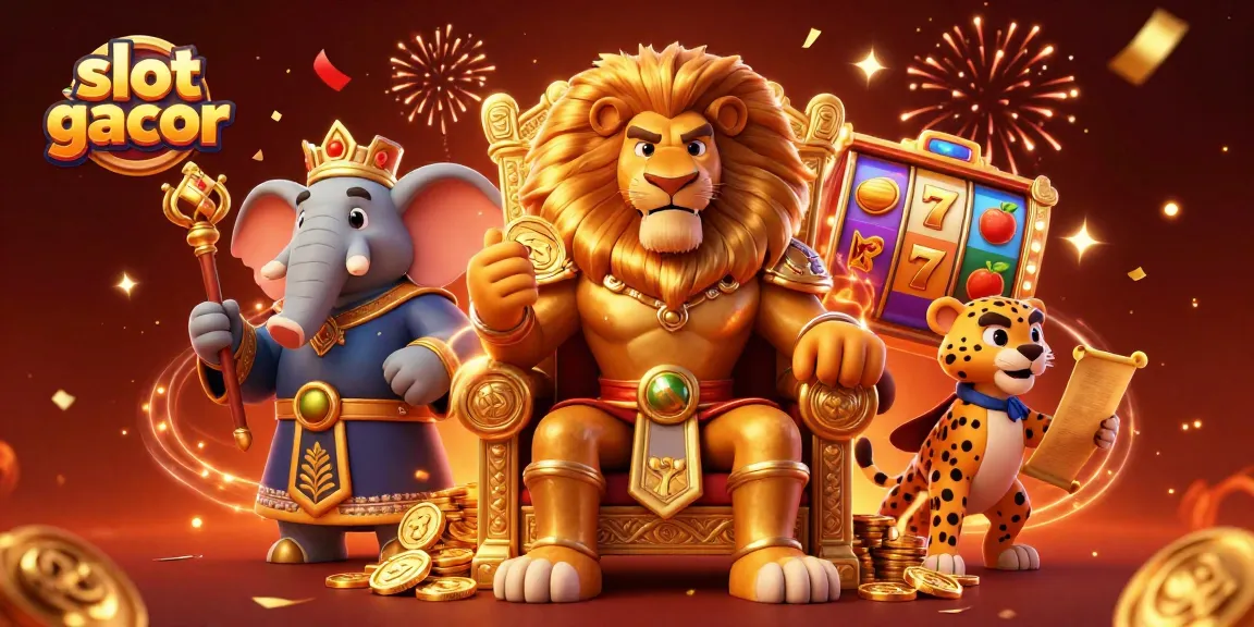Experience thrilling slot gacor action with a lion king and friends amidst vibrant casino elements.