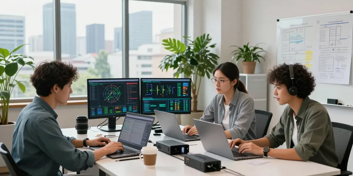 Expert business IT support professionals collaborating to solve tech issues in a modern office setting.