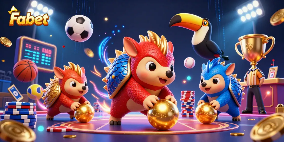 Fabet features rival pangolins bowling through poker chips in a vibrant 3D casino scene.